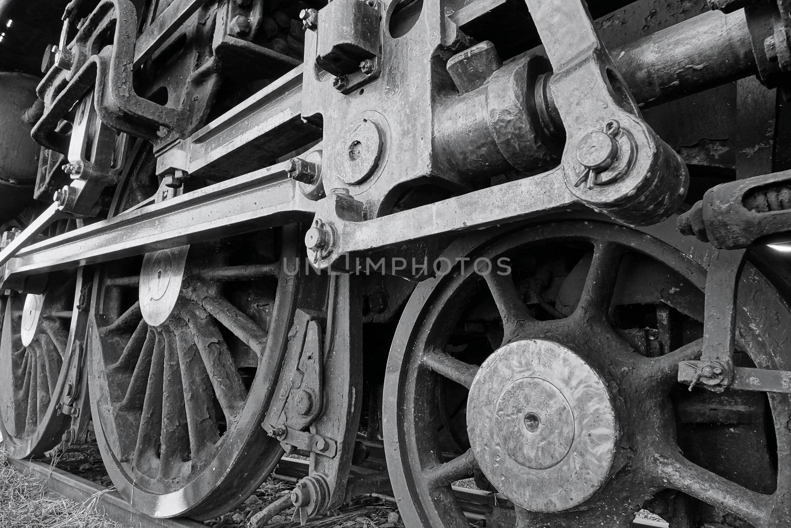 The running gear of a vintage steam locomotive