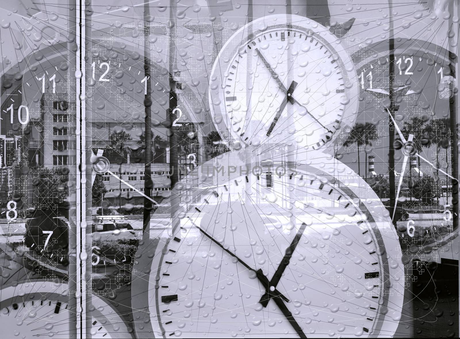 Large clocks reflecting in shop window illustrate the concept of time