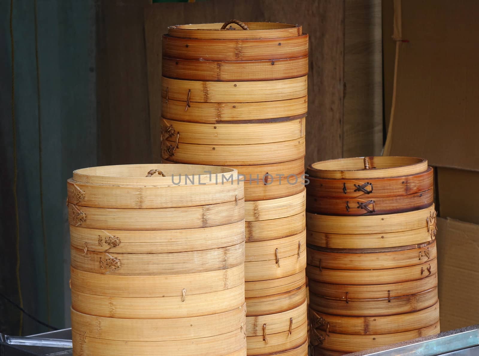 Traditional Chinese bamboo steamers used to make dumplings and streamed bread