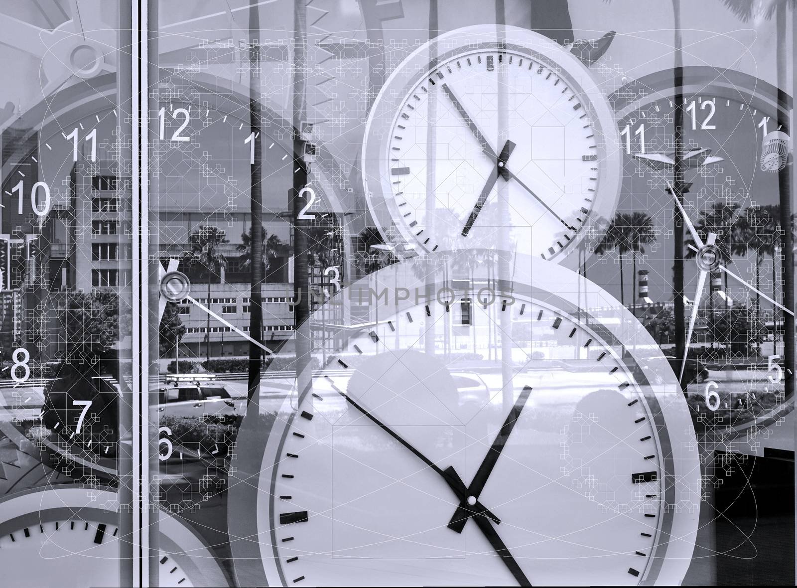 Large clocks reflecting in shop window illustrate the concept of time