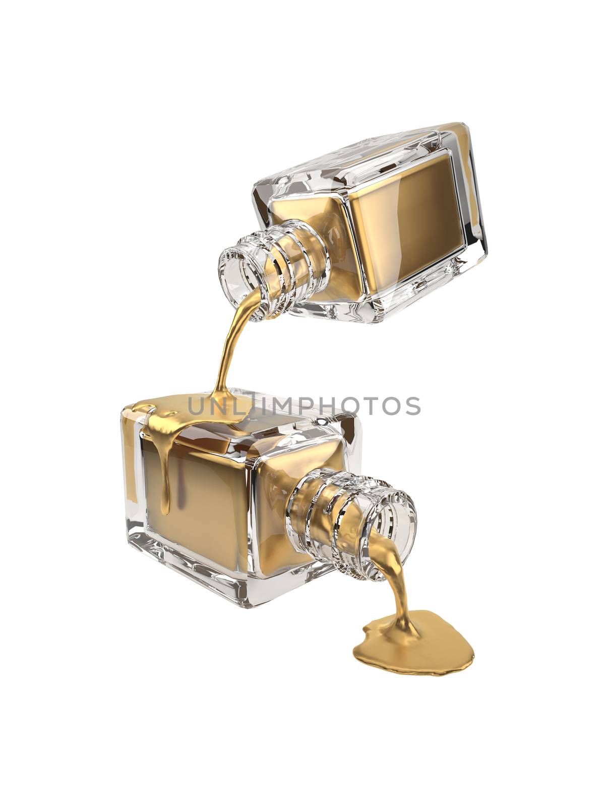 3d illustration of gold cosmetic bottle with drops, isolated on white with clipping path set