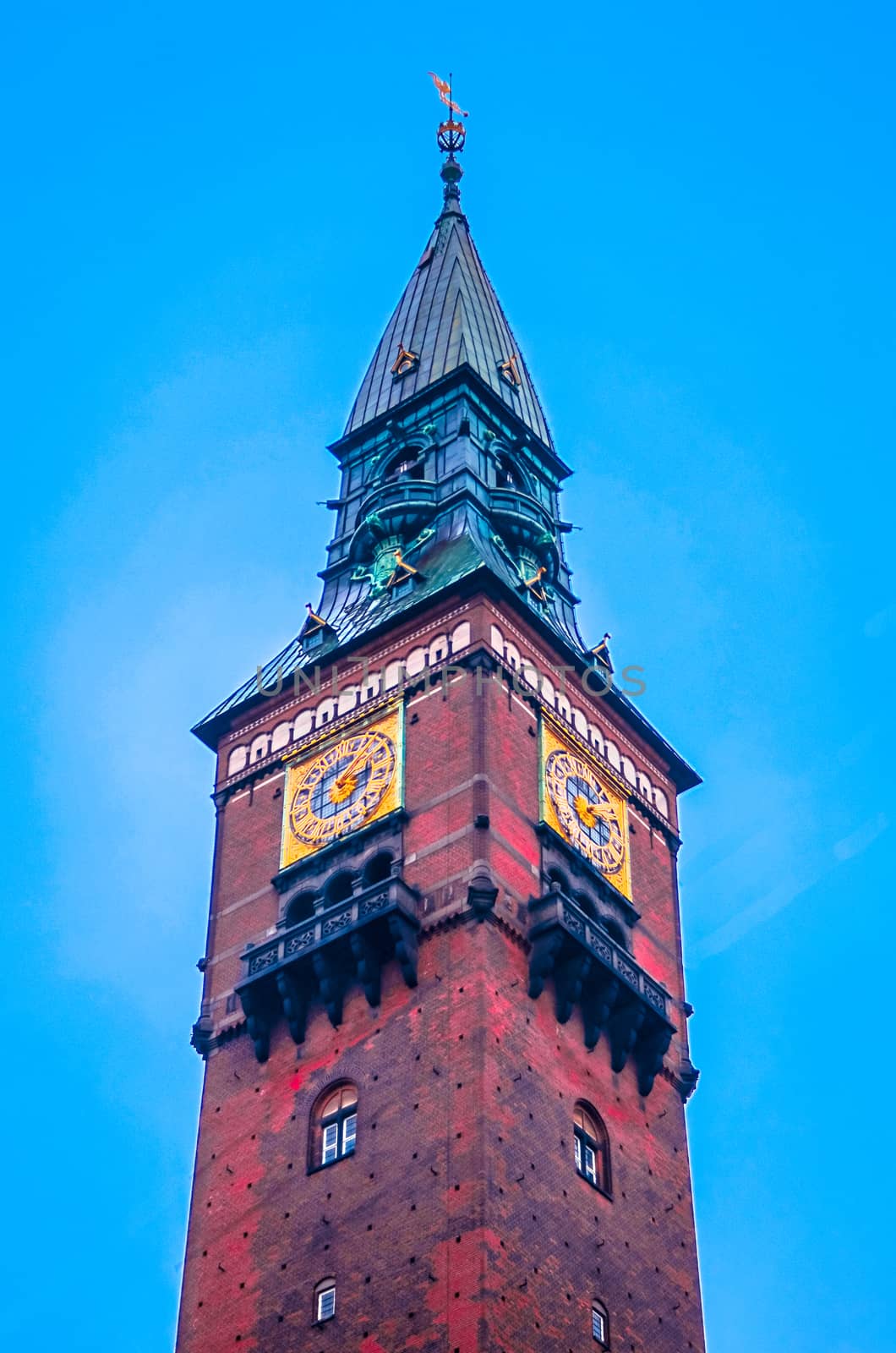 City Hall Tower with clock. Copenhagen, Denmark