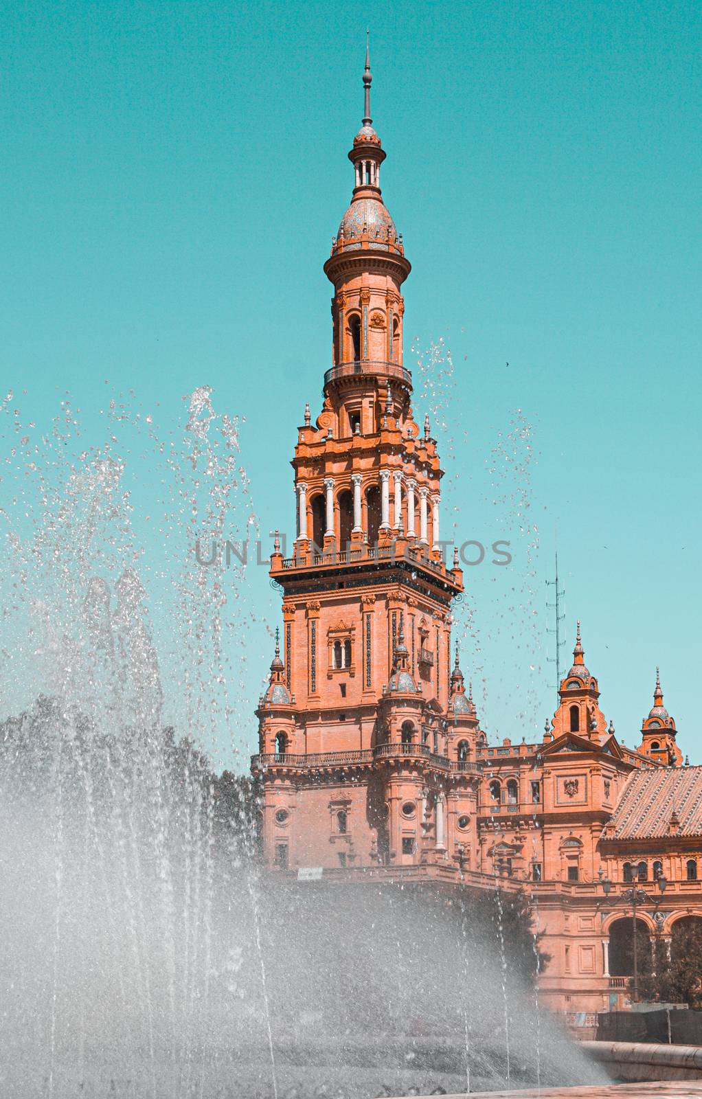 Spanish Square or Plaza de Espana in Sevilla,Spain. Teal and orange style