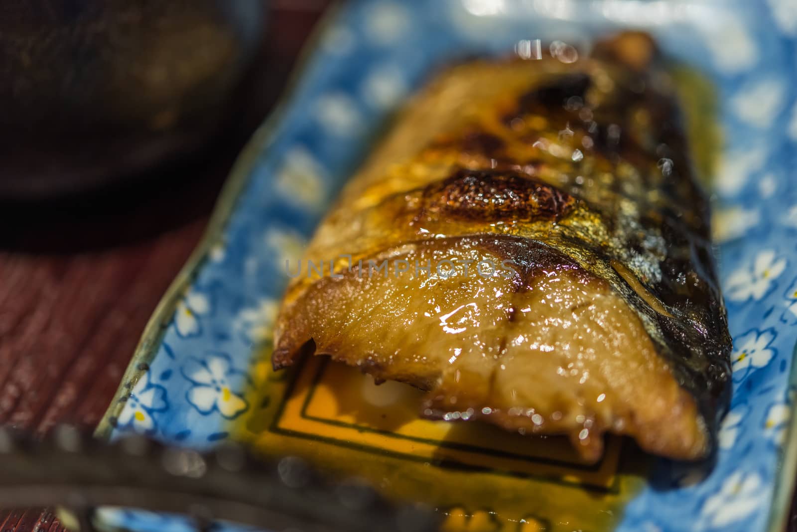 Saba fish grilled soy sauce (Saba Teriyaki) for sale at Thai street food market or restaurant in Thailand