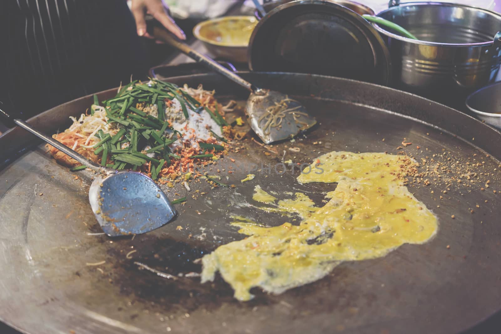 Fried noodle Thai style (Pad Thai) for sale at Thai street food market or restaurant in Thailand