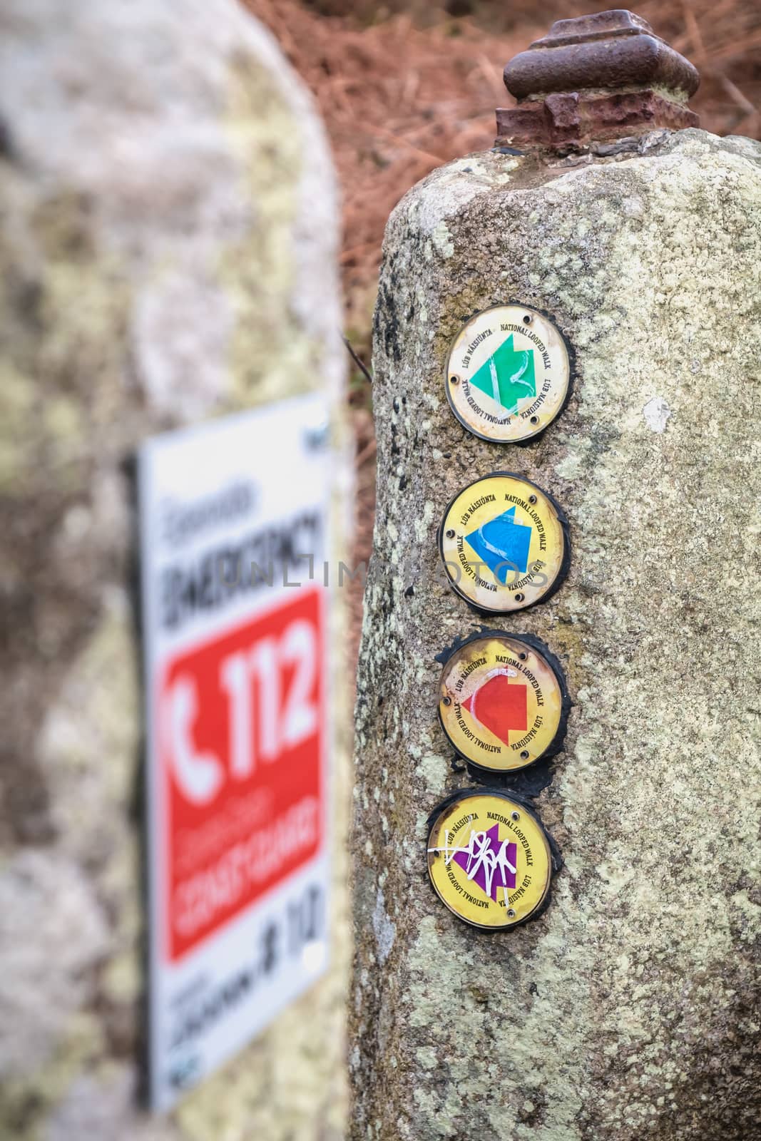 Howth near Dublin, Ireland - February 15, 2019: sign indicating the direction of hiking path circling the cliff on a winter day