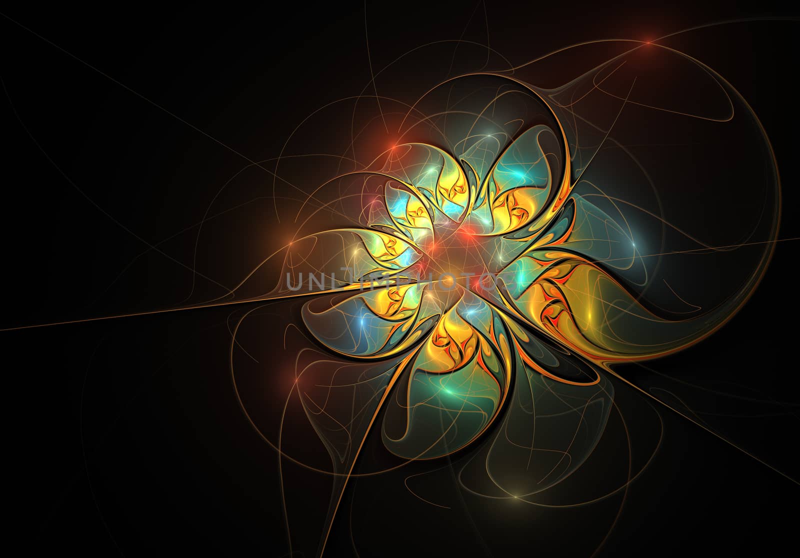 Elegant golden, extremely delicate and translucent flower composition with a silky surface. Computer generated graphics. Abstract floral fractal background for art projects