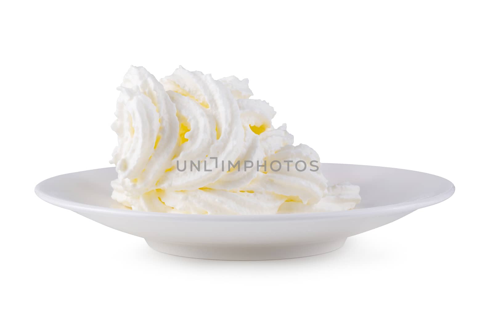 Bowl of whipped cream isolated on white background.