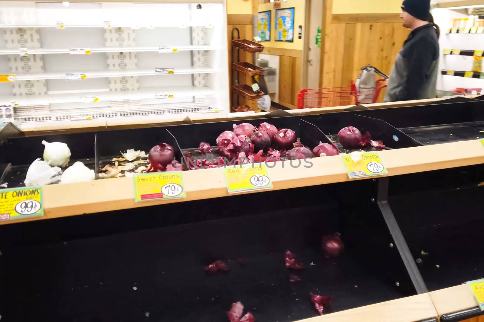 New York, USA - April 2, 2020: Empty shelves with groceries in supermarkets because of the panic from the coronavirus.