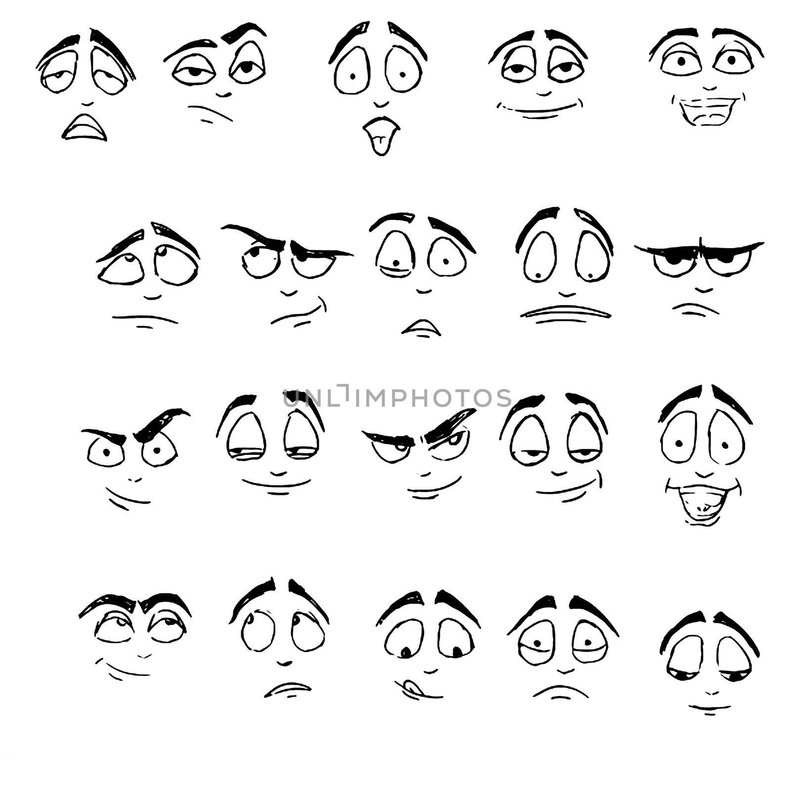 Drawing black and white emoji, emoticons. Different emotions on the faces.