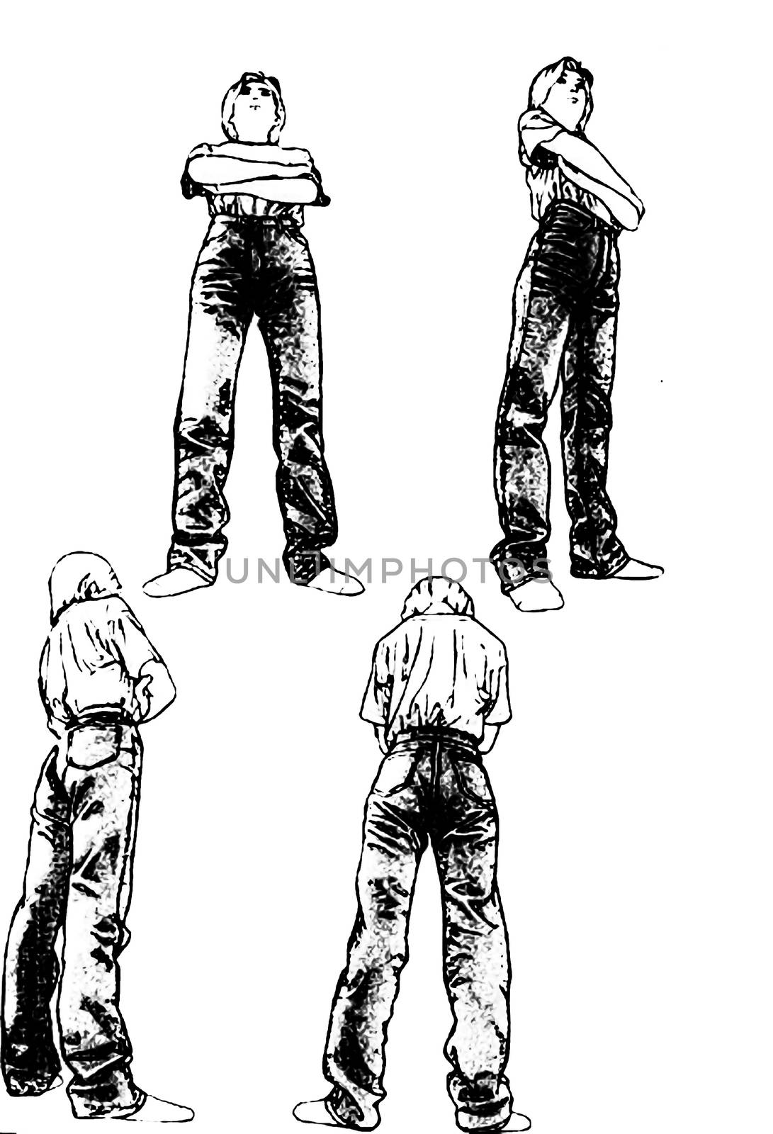Woman in male work pants. Tutorial of drawing a female body. Drawing the human body, step by step lessons.