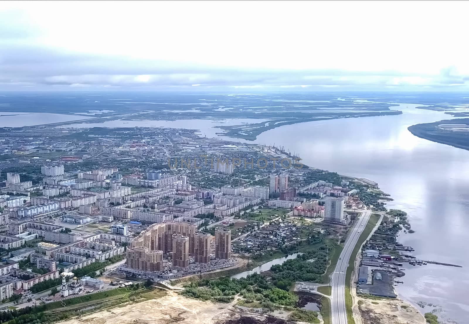 View from above on the city of Surgut. Hunts-Mansi Autonomous Region, surgut city from a bird's-eye view.