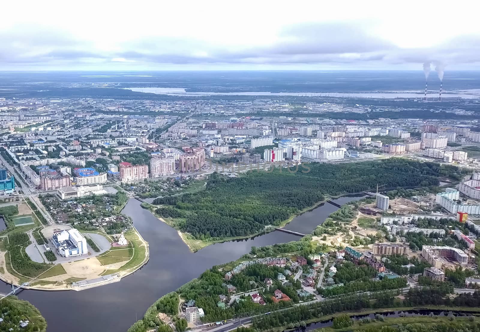 View from above on the city of Surgut. Hunts-Mansi Autonomous Region, surgut city from a bird's-eye view.