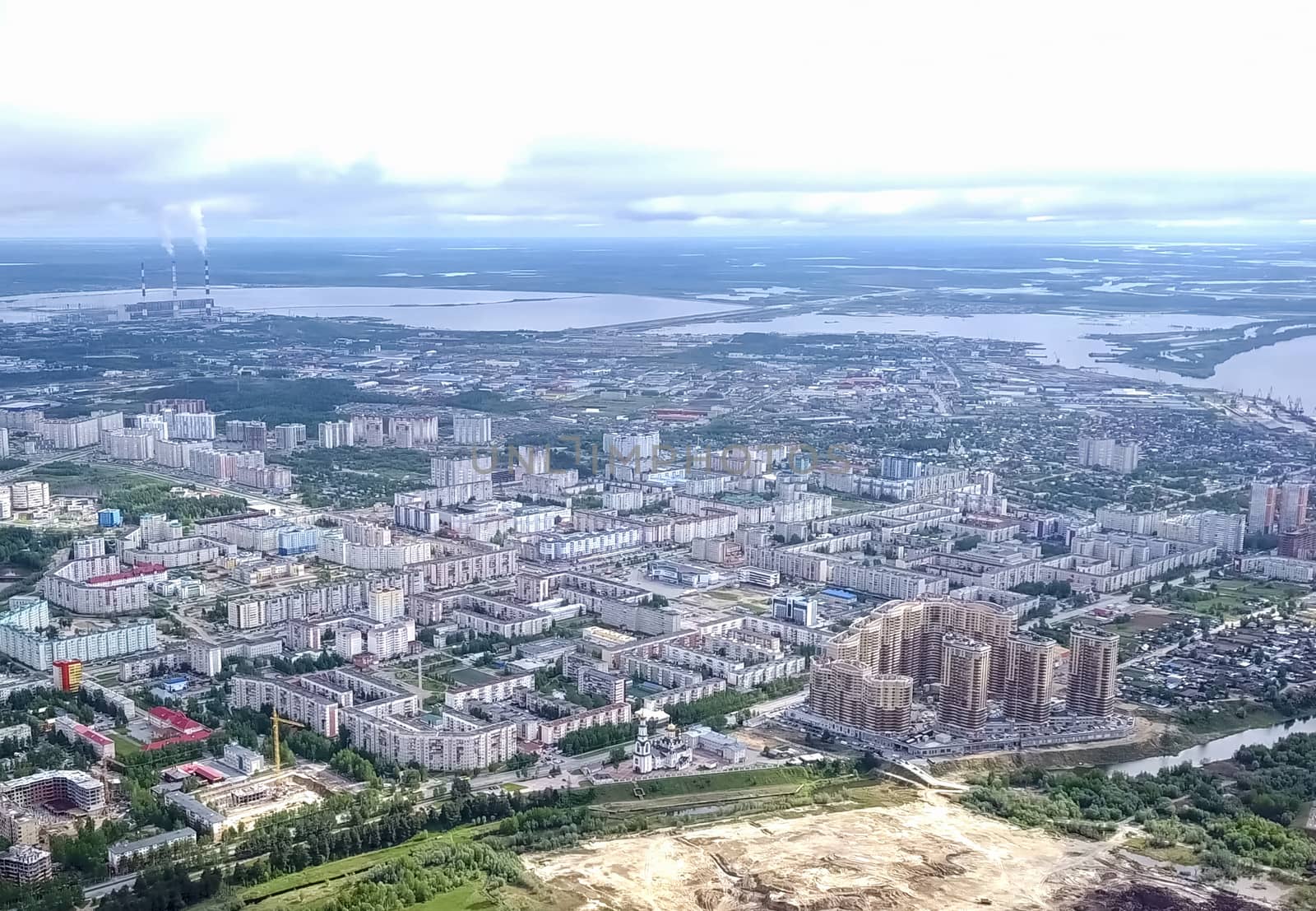 View from above on the city of Surgut. Hunts-Mansi Autonomous Region, surgut city from a bird's-eye view.