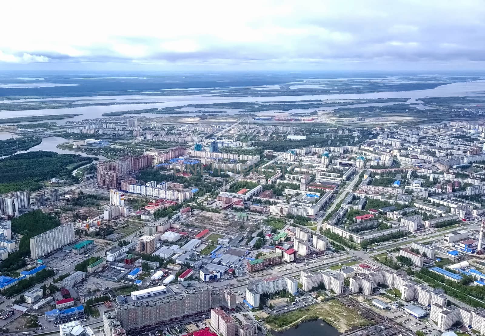 View from above on the city of Surgut. Hunts-Mansi Autonomous Region, surgut city from a bird's-eye view.