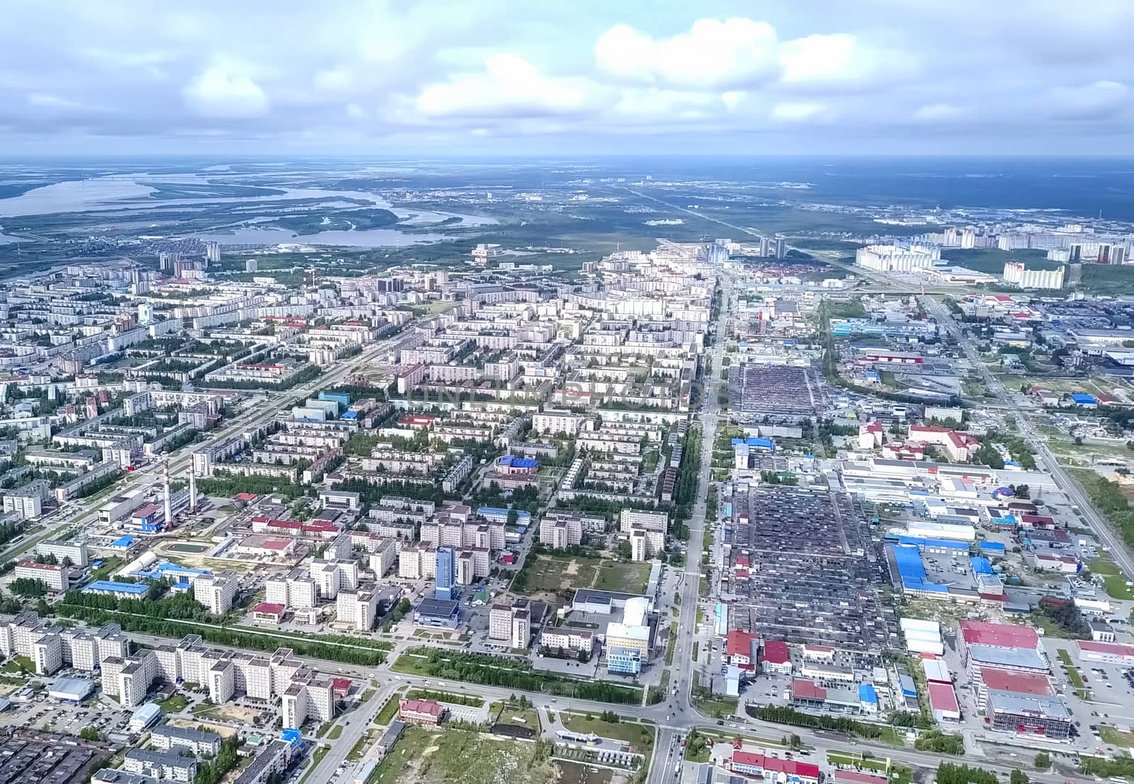 View from above on the city of Surgut. Hunts-Mansi Autonomous Region, surgut city from a bird's-eye view.