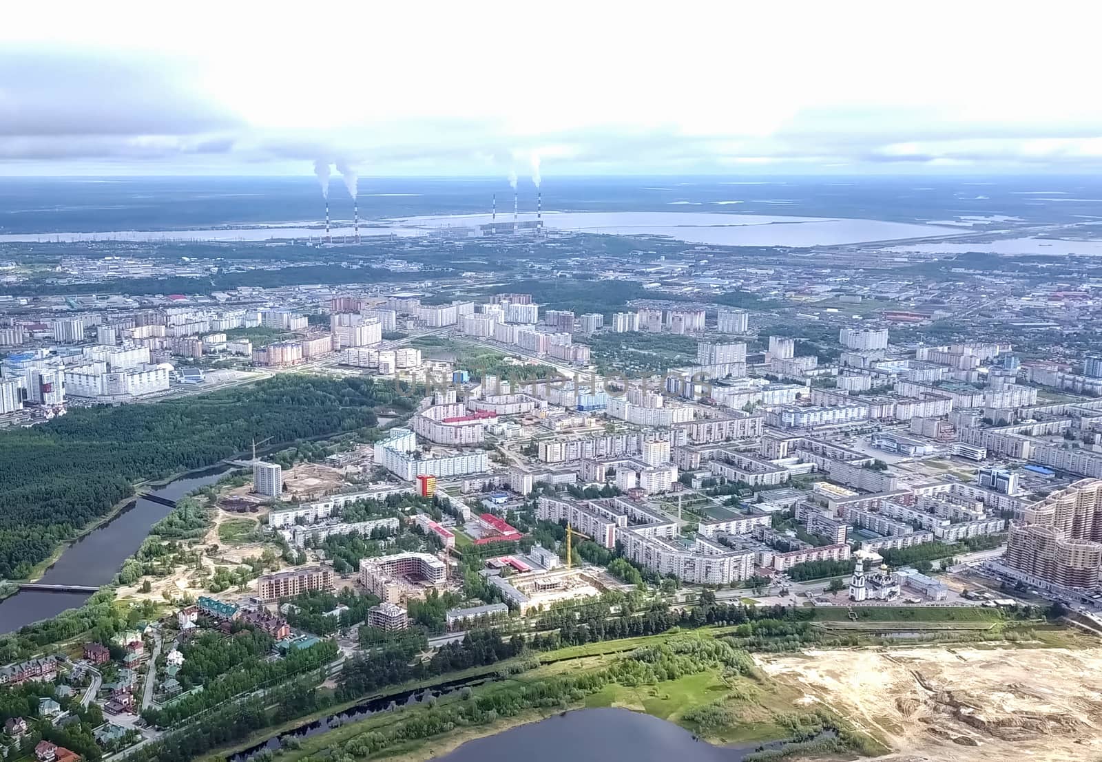 View from above on the city of Surgut. Hunts-Mansi Autonomous Region, surgut city from a bird's-eye view.