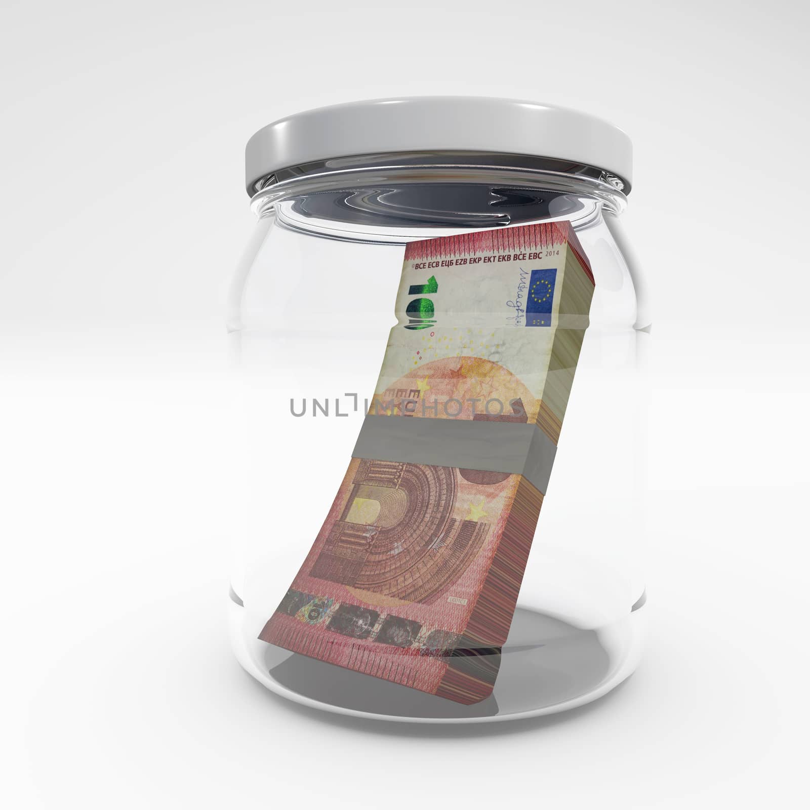 Euro savings concept Money in a jar 3d rendering isolated on white