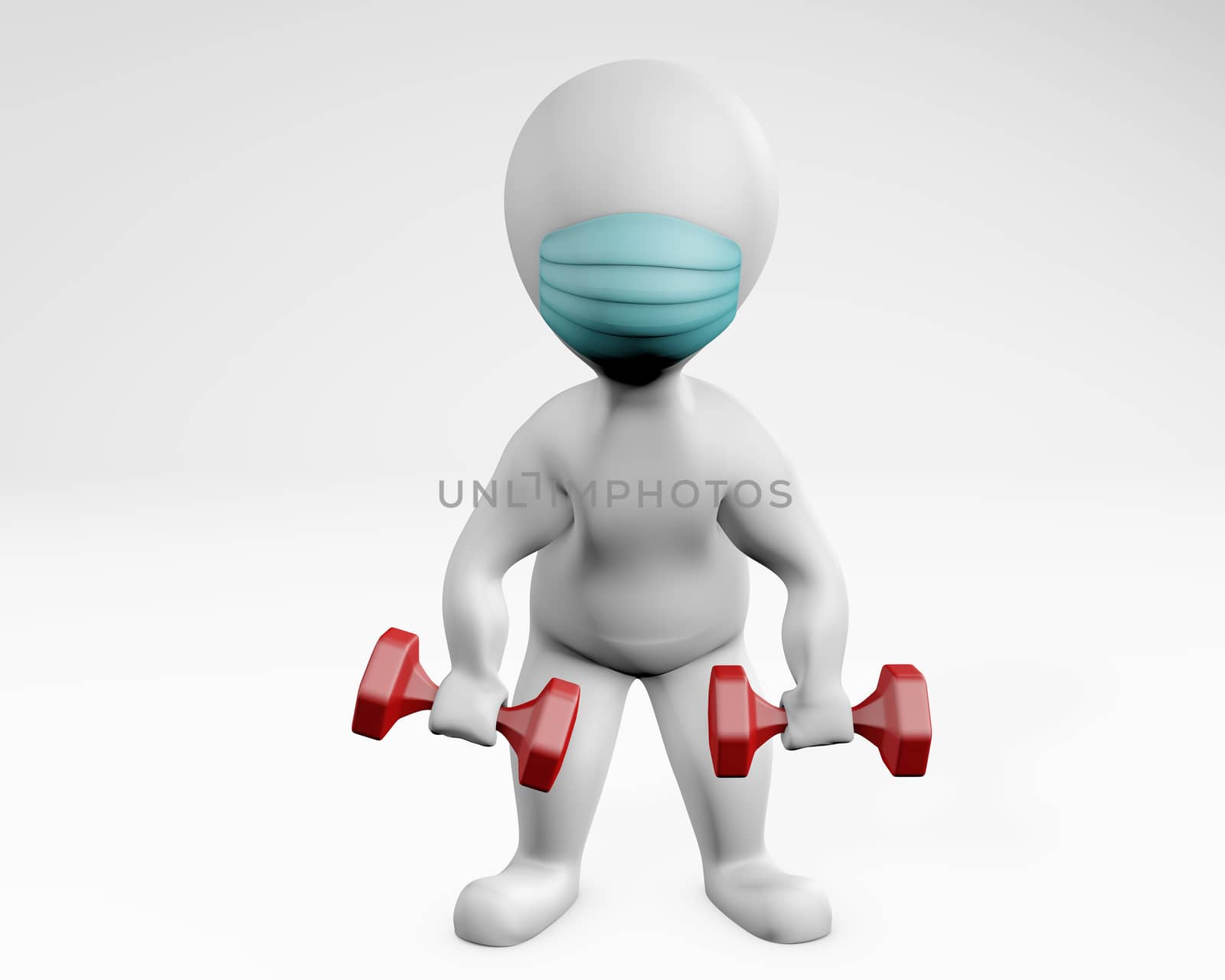 Fatty man with a mask weight lifting dumbells 3d rendering isolated on white