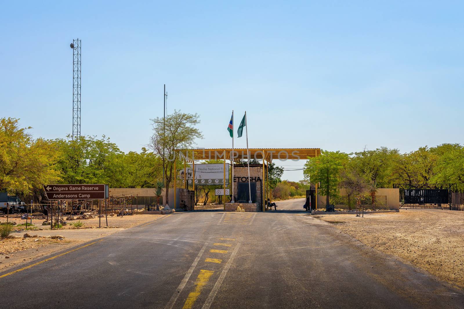 Anderson Gate to Etosha National Park in Namibia and the entrance sign by nickfox