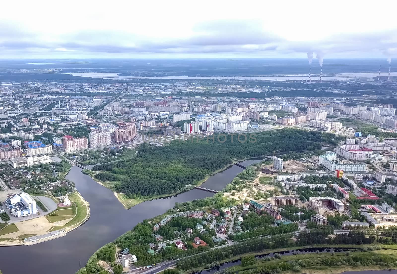 View from above on the city of Surgut. Hunts-Mansi Autonomous Region, surgut city from a bird's-eye view.