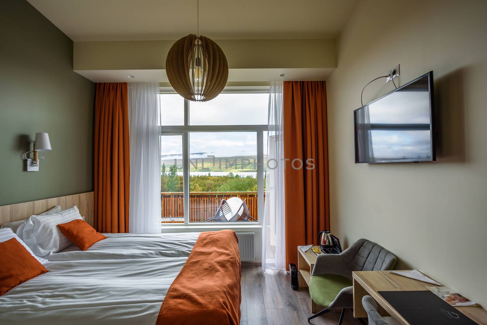 Hofn, Iceland - September 12, 2019 : Interior of a room in Fosshotel Vatnajokull, a three-star hotel in Hofn with views of the Vatnajokull glacier and located on the Ring Road in Iceland.