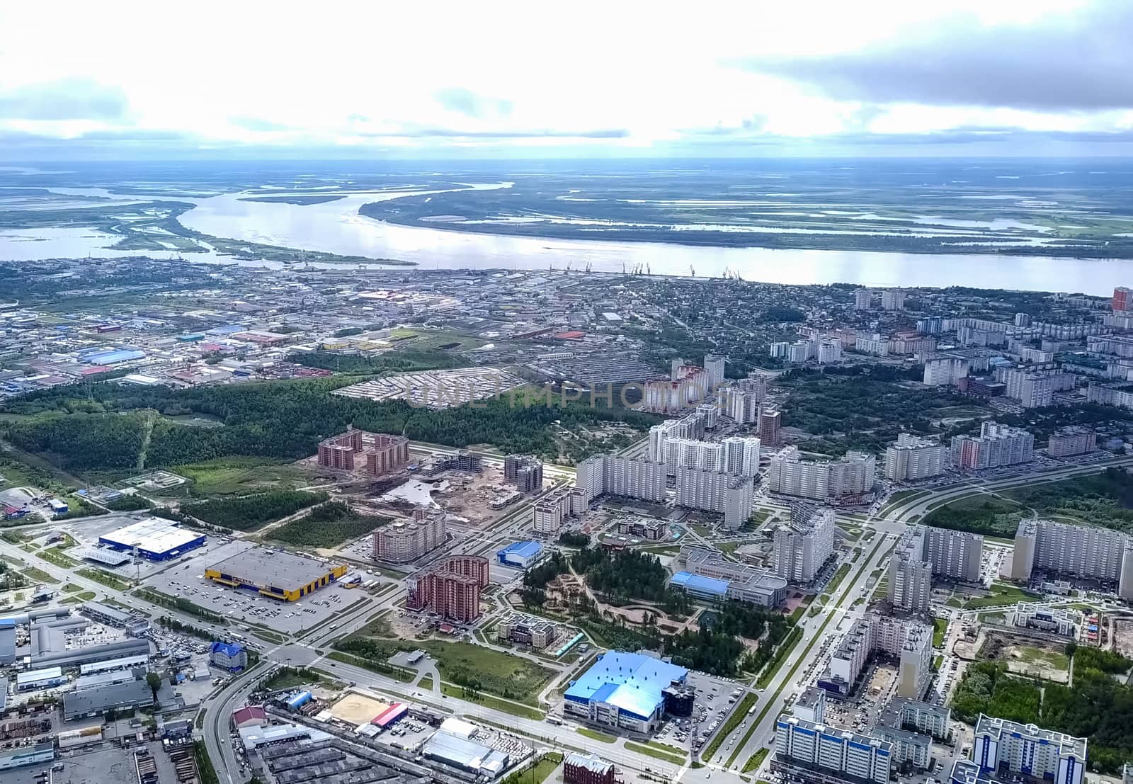 View from above on the city of Surgut. Hunts-Mansi Autonomous Region, surgut city from a bird's-eye view.