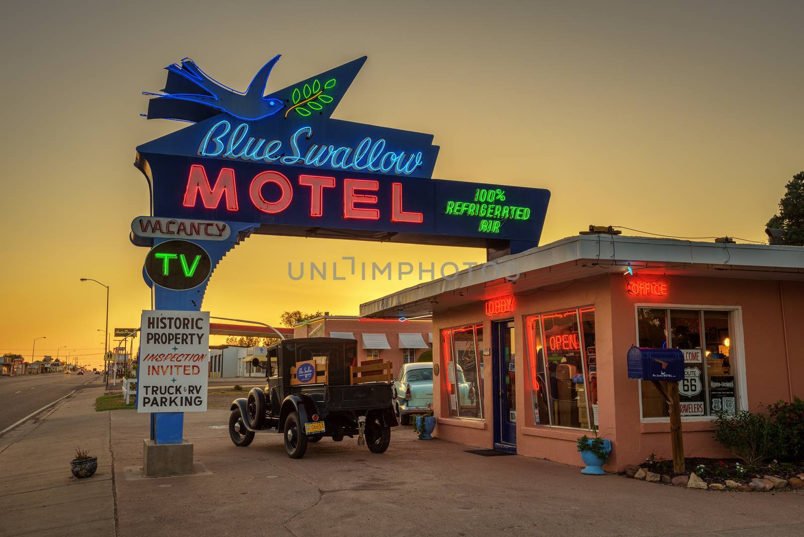 TUCUMCARI, NEW MEXICO - MAY 13, 2016 : Historic Blue Swallow Motel at sunset This building is listed on the National Register of Historic Places in New Mexico as a part of historic U.S. Route 66.
