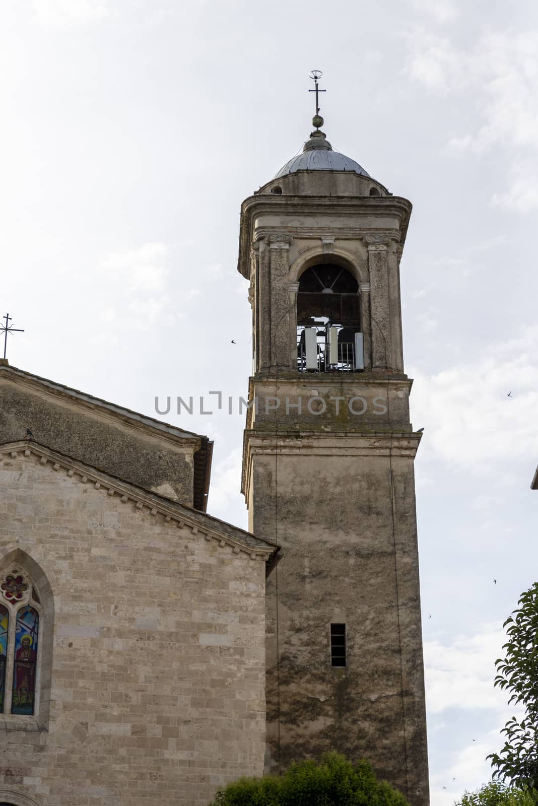 San Gemini, Italy June 13 2020: Bell tower of Santo Gemini in the town of San Gemini medieval age