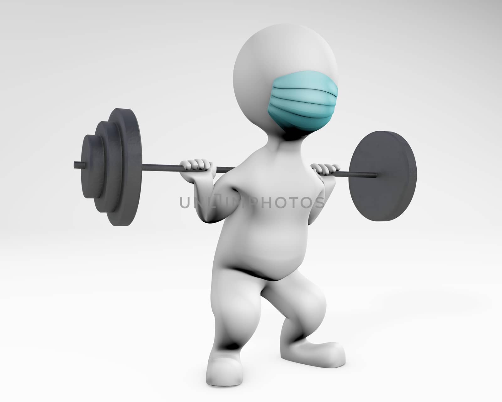 Fatty man with a mask training weight lifting 3d rendering isolated on white
