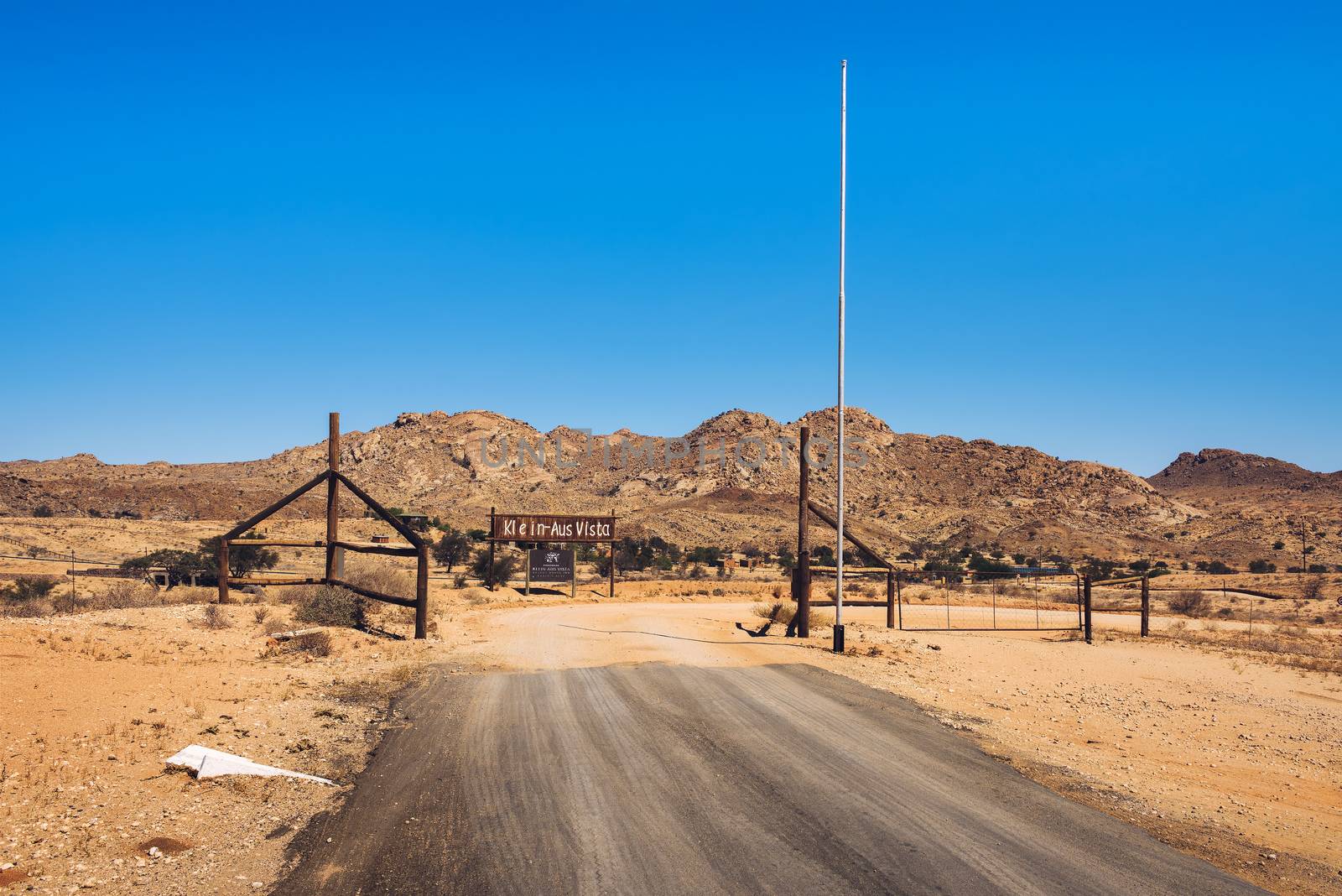 Klein Aus, Namibia - March 27, 2019 : Entry gate to the Klein-Aus Vista lodge and restaurant in the Namib desert.