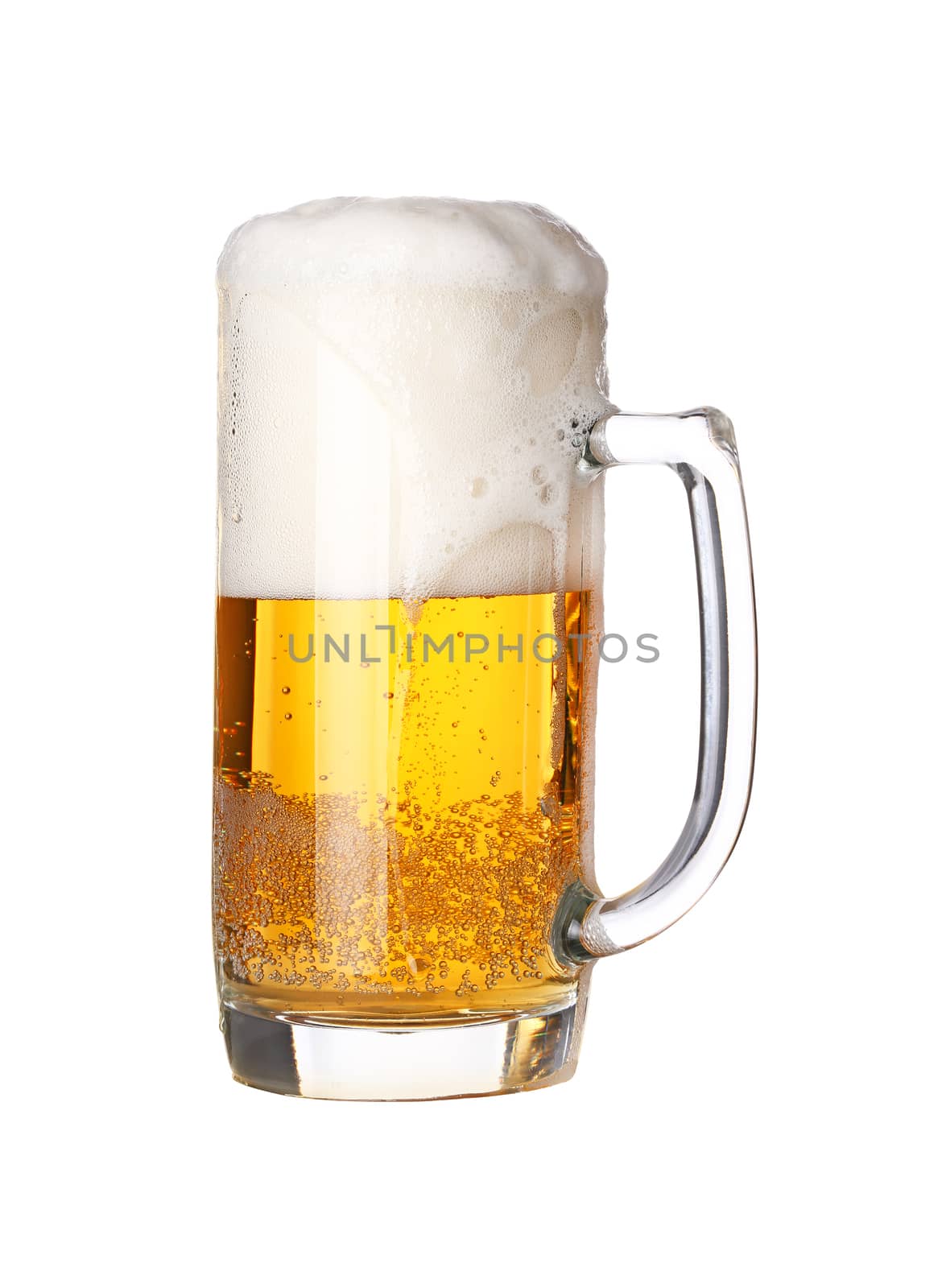 Close up one full glass mug of lager beer with froth and bubbles isolated on white background, low angle side view
