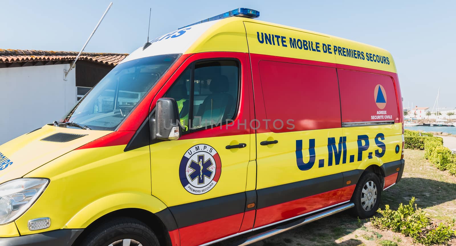 Saint Gilles Croix de Vie, France - October 19, 2018: ambulance unit Mobile First Aid (UMPS) on an event on a fall day