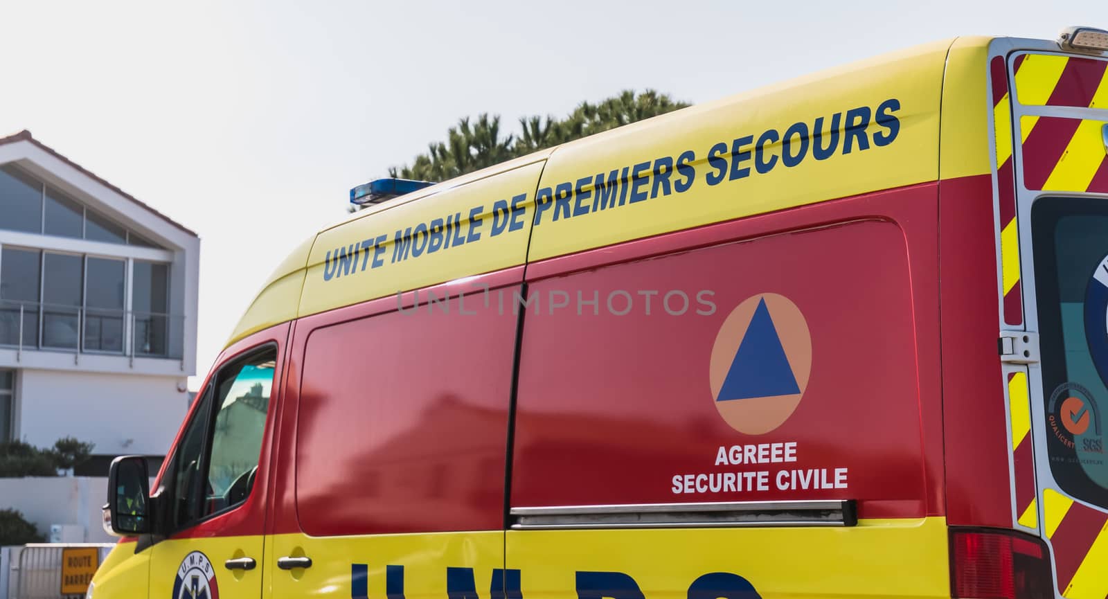 Saint Gilles Croix de Vie, France - October 19, 2018: ambulance unit Mobile First Aid (UMPS) on an event on a fall day
