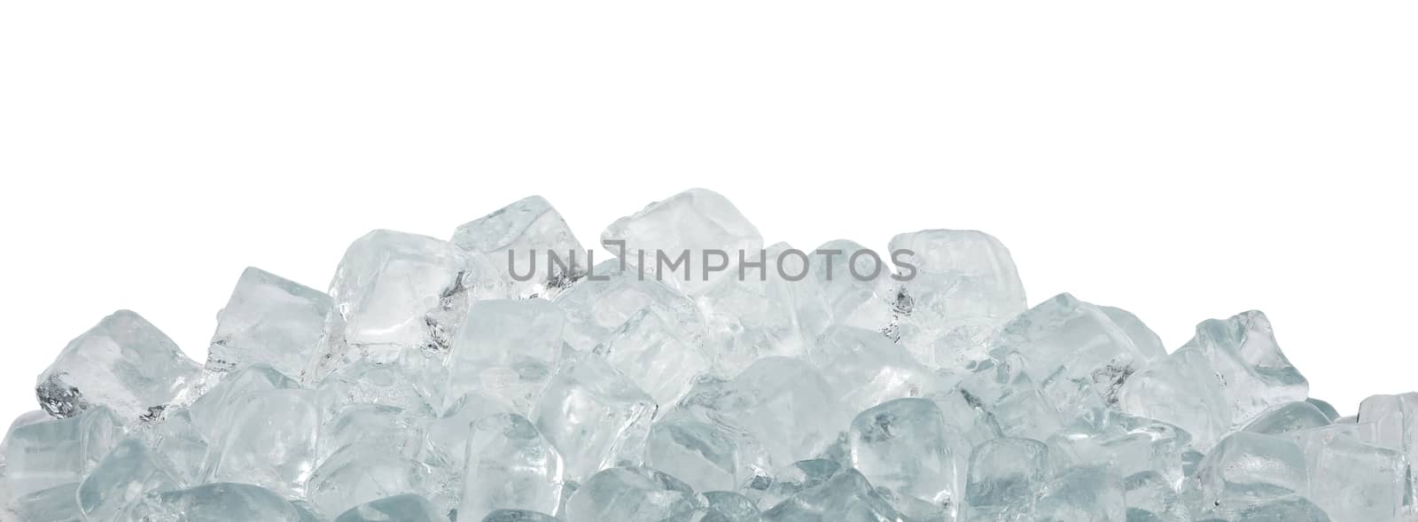Close up clear ice cubes and rocks isolated on white background, low angle side view