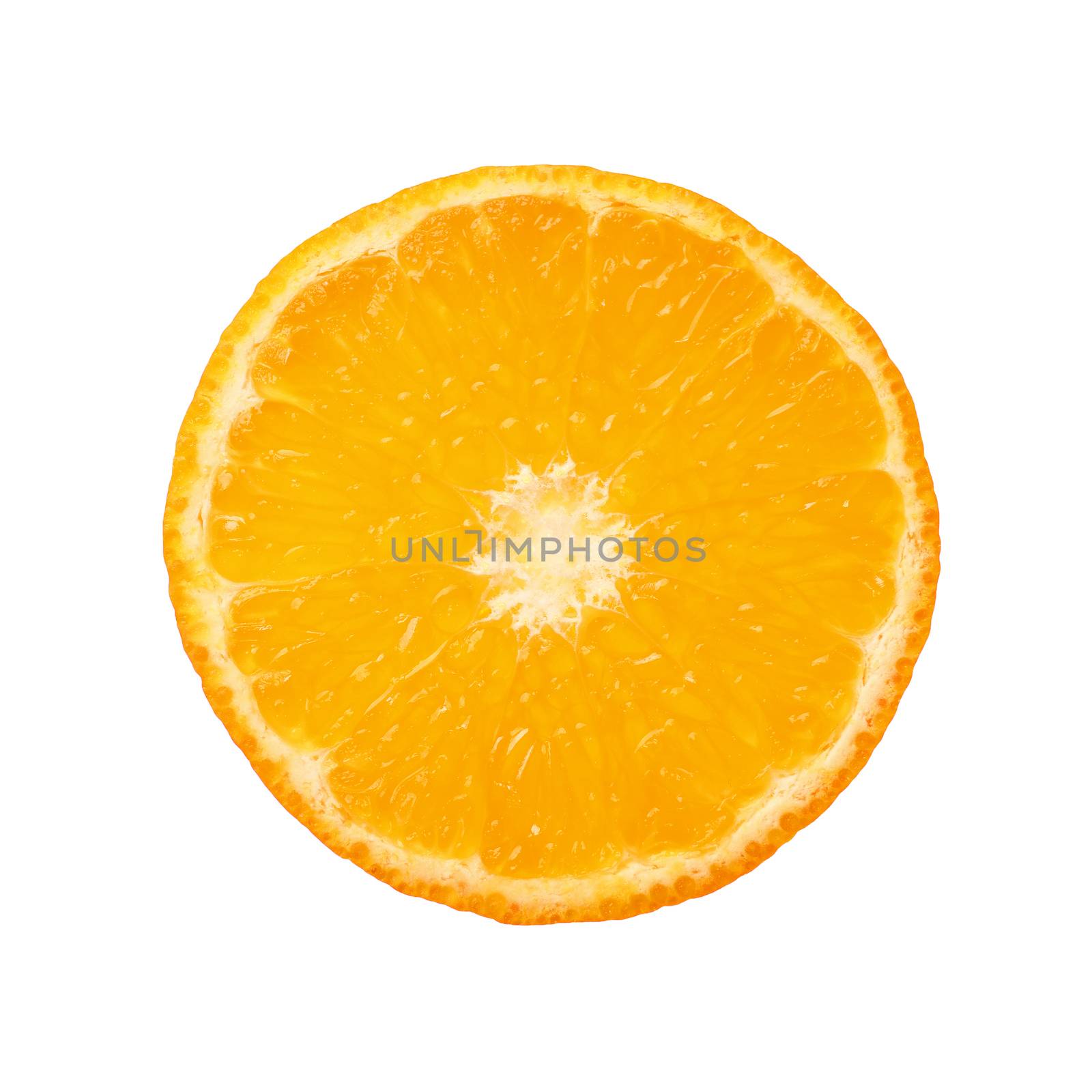 Close up round cut slice of orange over white by BreakingTheWalls