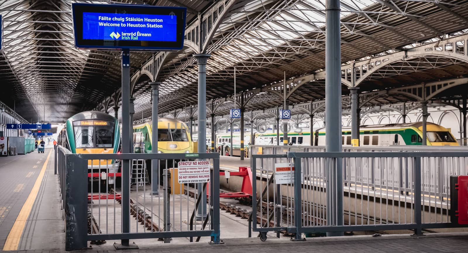 Dublin, Ireland - February 16, 2019: Train access platform at Heuston station where trains are parked on a winter day