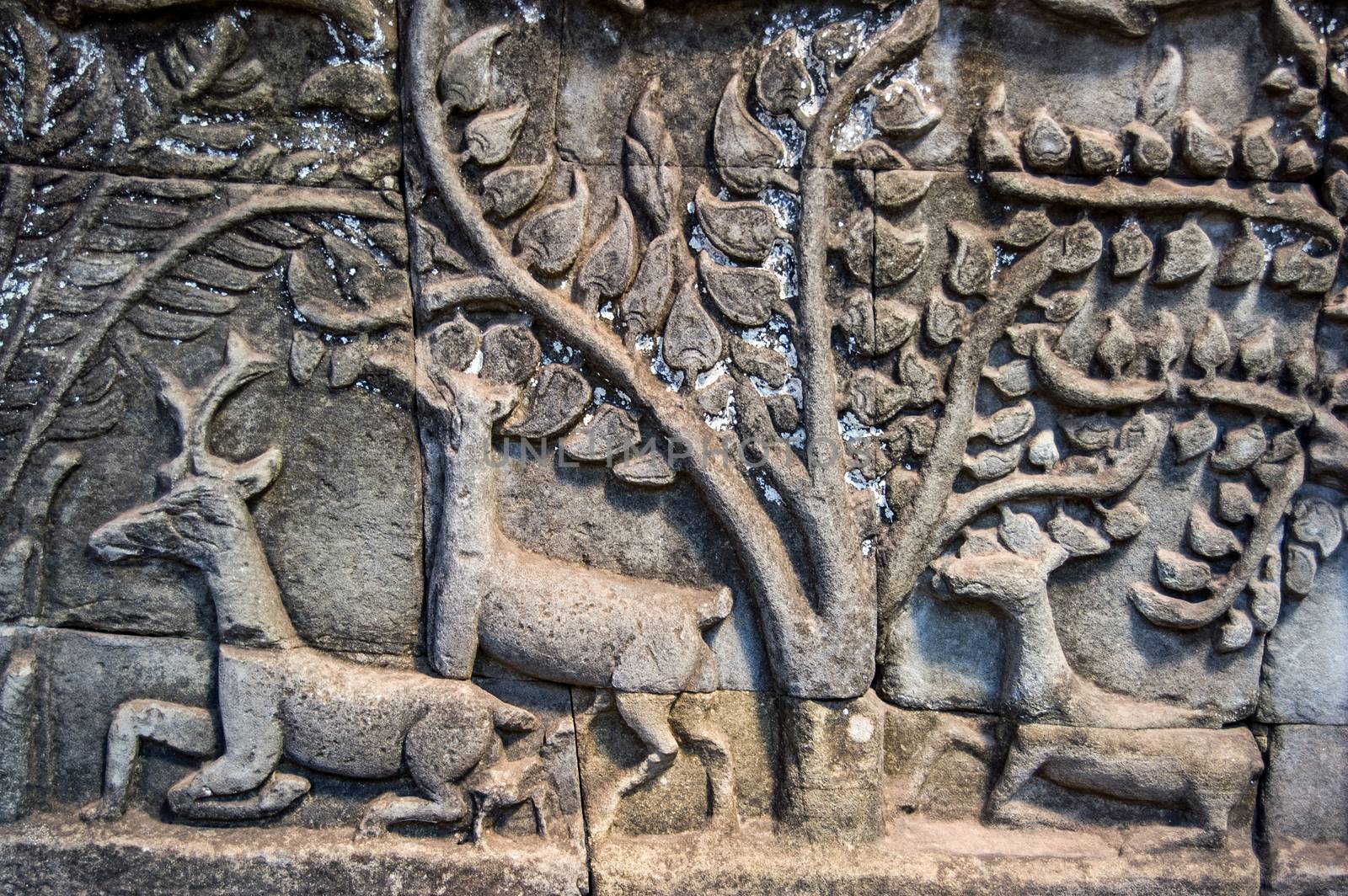 Ancient bas relief carving showing deer in a forest. Wall of Bayon Temple, Angkor Thom, Siem Reap, Cambodia.