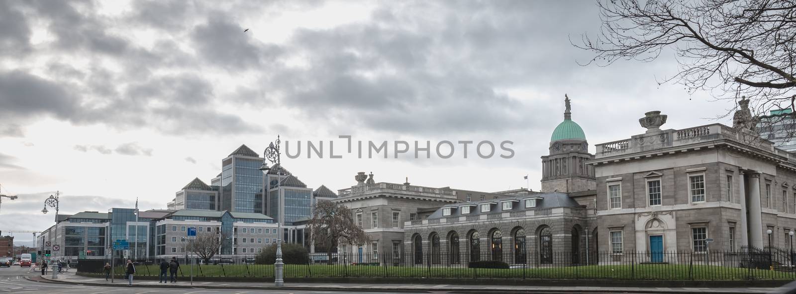 Dublin, Ireland - February 12, 2019: Architectural detail of The Custom House which houses the Department of Housing, Planning and Local Government, Department of Culture, Heritage, and the Gaeltacht