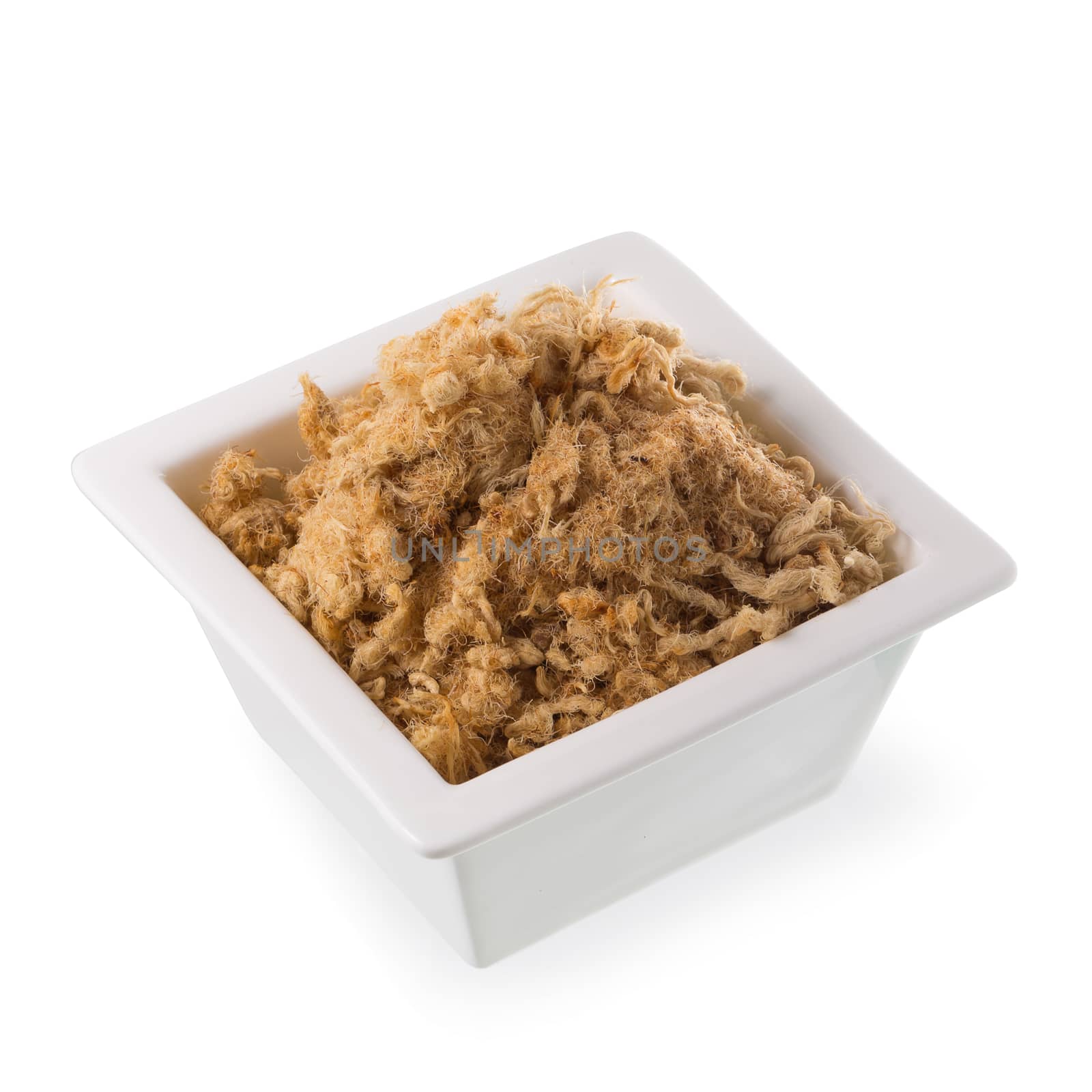 Dried shredded pork In a white box isolated on white background.