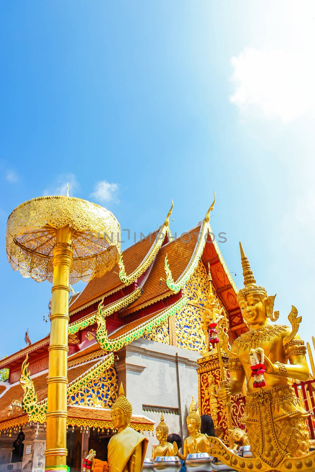 Golden building and umbrella in Wat Phra That Doi Suthep is the popular tourist destination of Chiang Mai, Thailand.