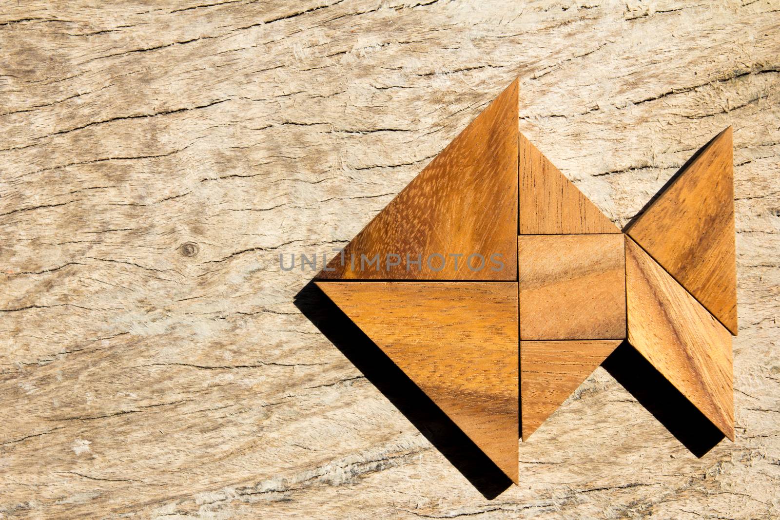 Wooden tangram puzzle in fish shape with copy space background