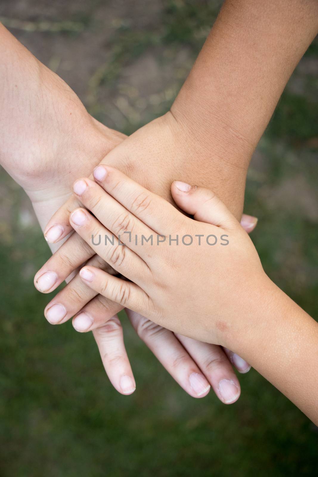 Background of hands of asian female adult and two kids group tog by Hengpattanapong