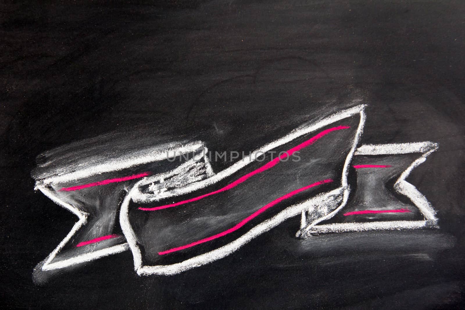 Grunge blank ribbon draw by red and white chalk on black board background