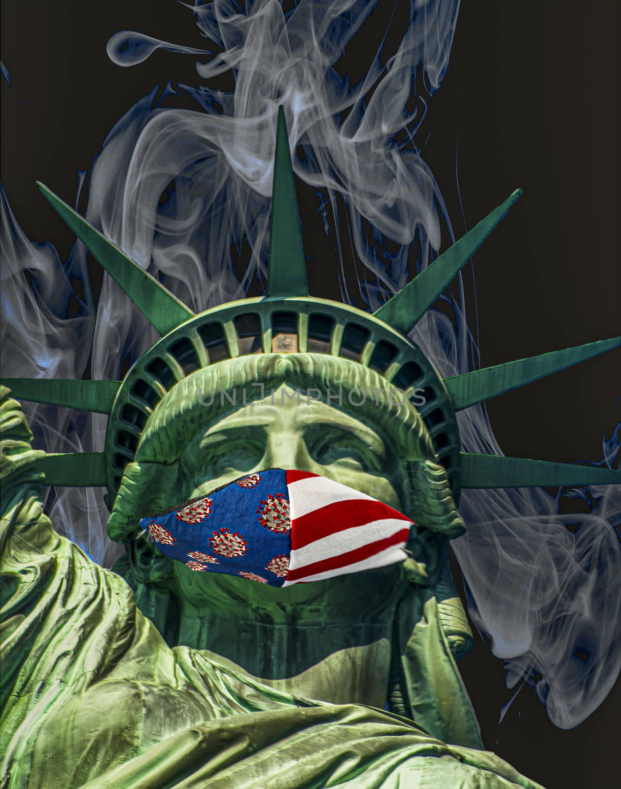 the statue of liberty wearing a coronavirus mask surrounded by smog in new york. United States.