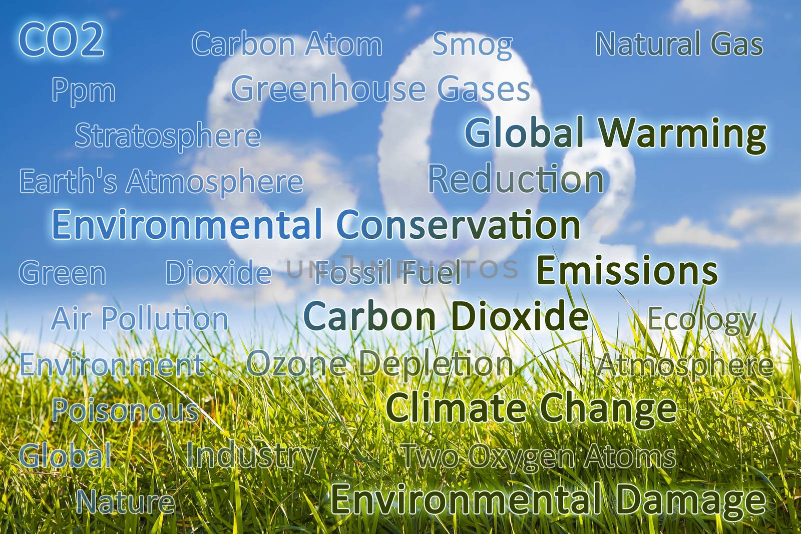 CO2 concept image against a green wild grass on sky background and keywords cloud.