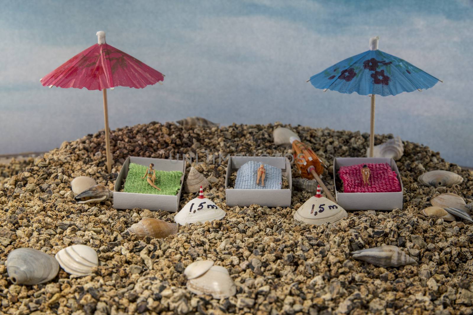 little figures to the beach with 1.5 m distance because of the corona rules social distance