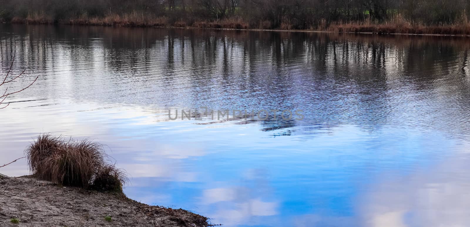 Detailed close up view on water surfaces with waves and ripples and the sunlight reflecting at the surface