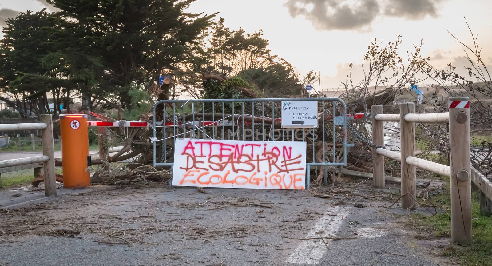 Bretignolles sur Mer, France - October 9, 2019: Attention Ecological Disaster in French on an area of protest in a ZAD (Acronym of Zone to Defend) against the construction of the port of boat