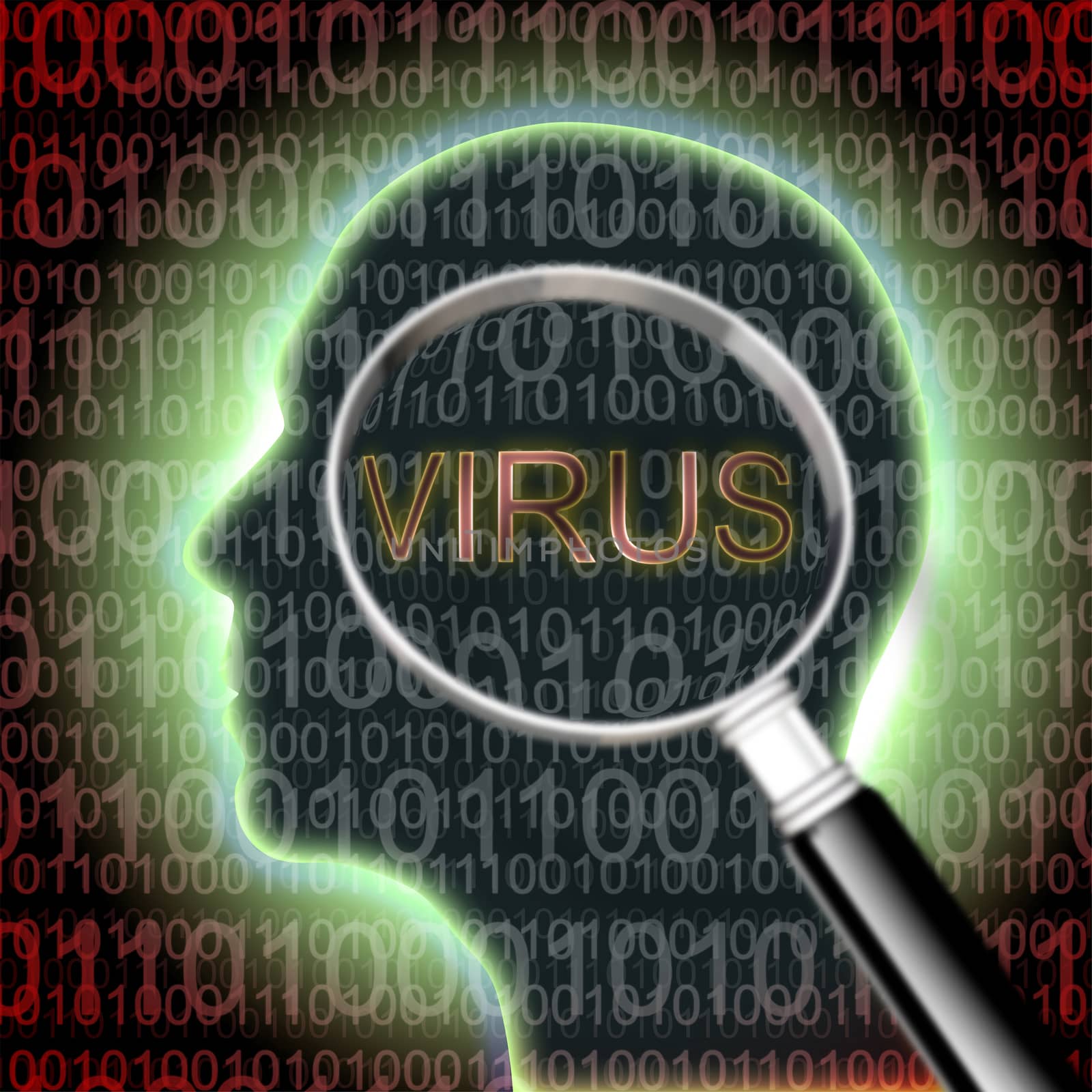 Human head with binary code on background with "virus" written at the center with magnifying glass